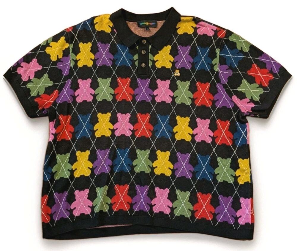 Teddy Fresh Bear Argyle Knit Y2K Polo Shirt Mens Large Multicolor Streetwear